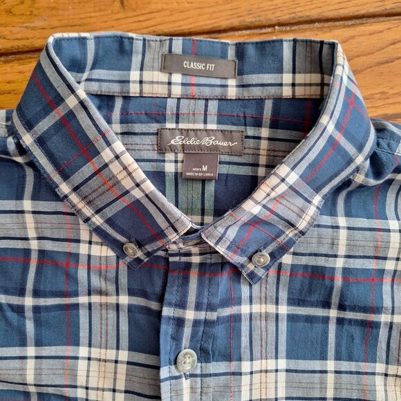 Eddie Bauer Men’s Plaid Short Sleeve Button-Up Shirt Blue and Red Size Medium - Picture 1 of 7